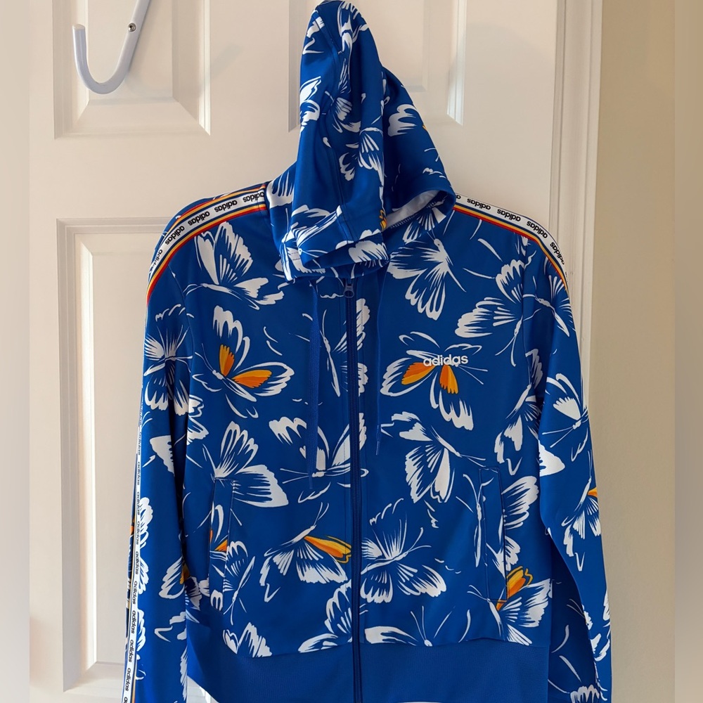 adidas Blue and White Floral Zip Hoodie Jacket
